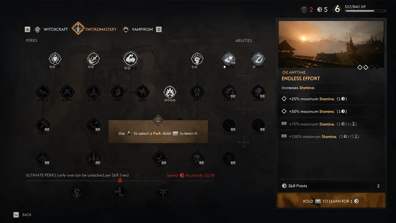Swordmastery perk screen with Endless Effort selected and a hold-to-learn prompt on screen