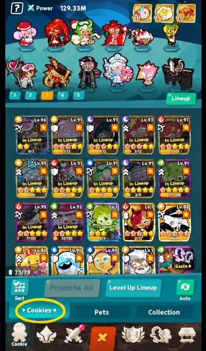 The Lineup screen in CookieRun: Crumble with the Cookies tab selected to browse the roster