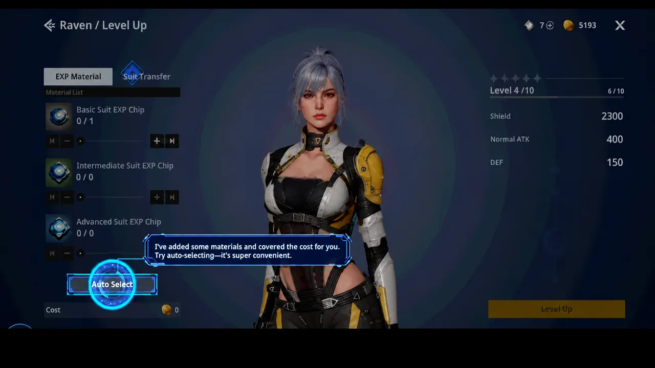 Raven suit Level Up screen with the Auto Select button highlighted for picking EXP chips