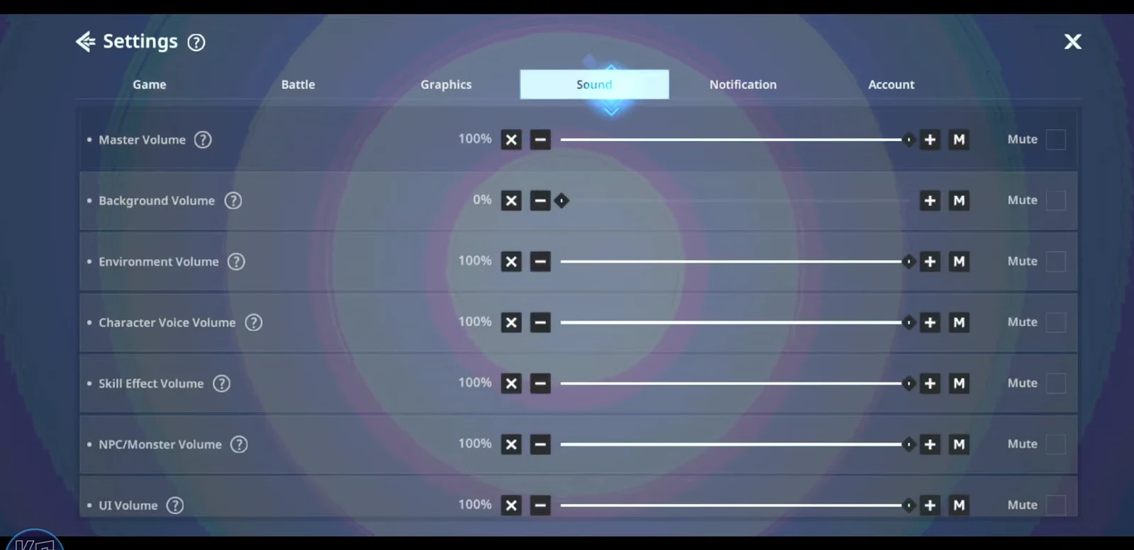 Settings Sound tab showing volume sliders for master, background, character, skill effects, and UI
