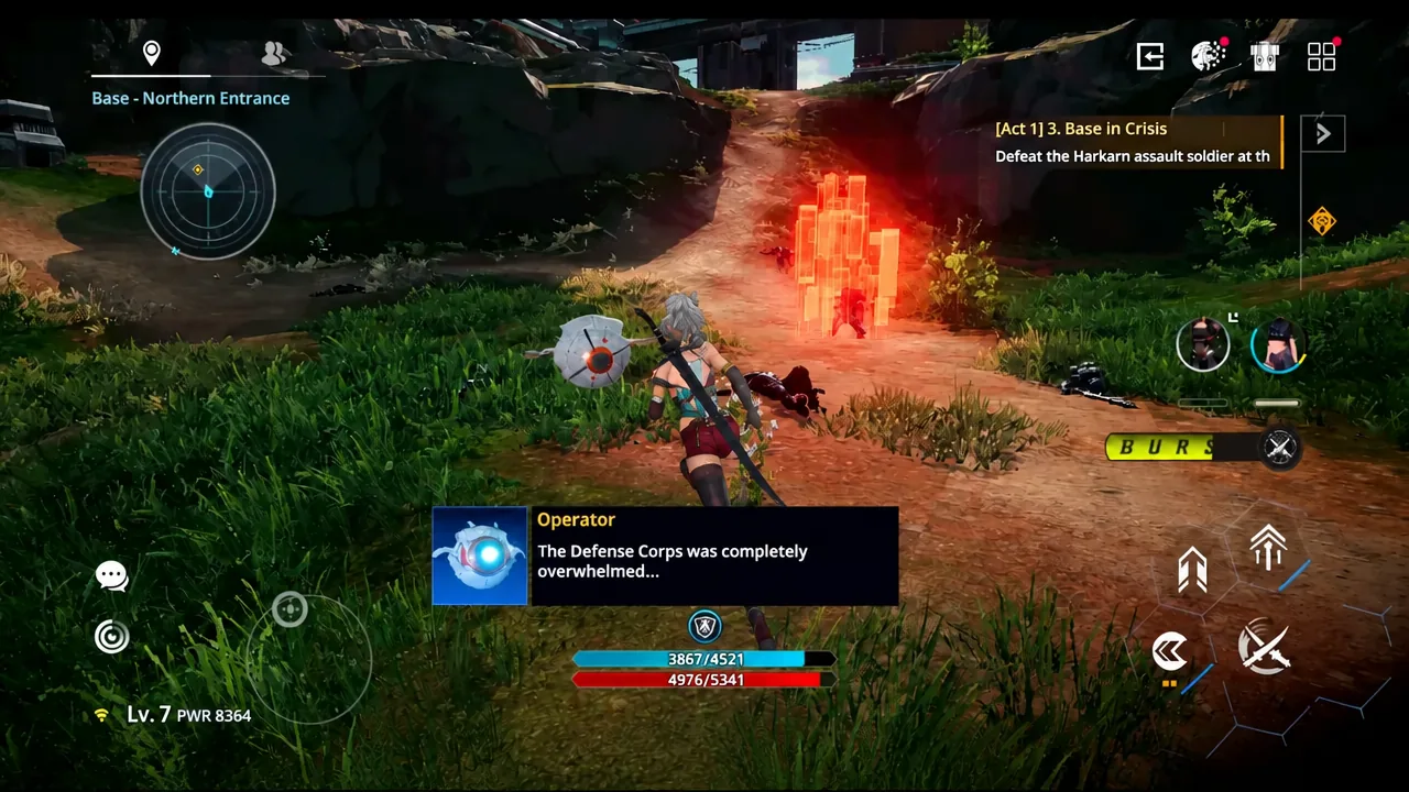 Combat at the base northern entrance with the Base in Crisis quest tracker while fighting a Harkarn soldier