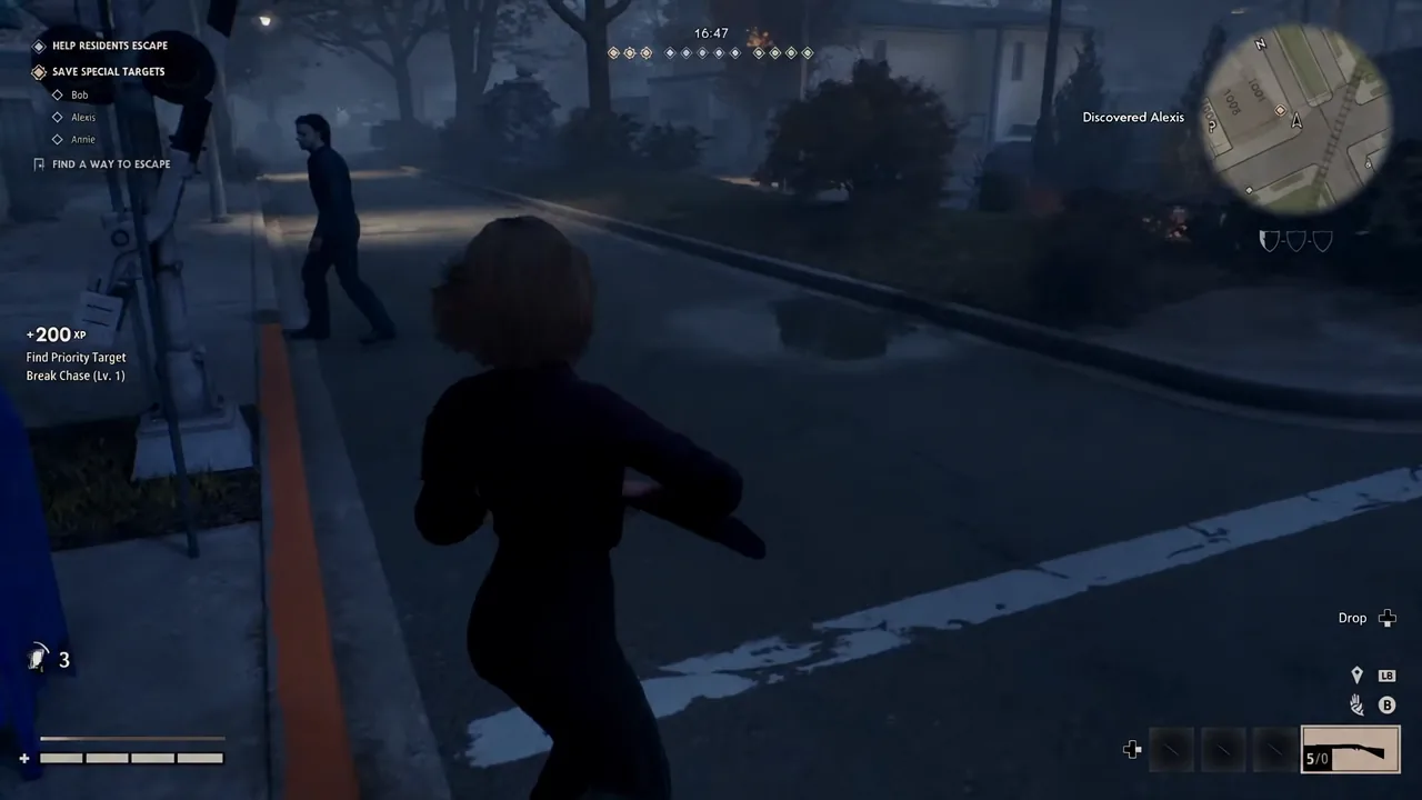 Gameplay HUD showing the Find a Way to Escape objective while running down a Haddonfield street