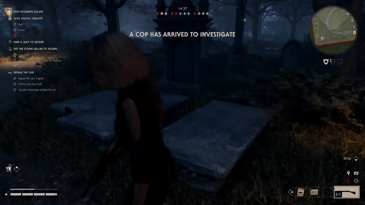 Mission HUD showing the Use the Storm Cellar to Escape objective as the player nears the hatch