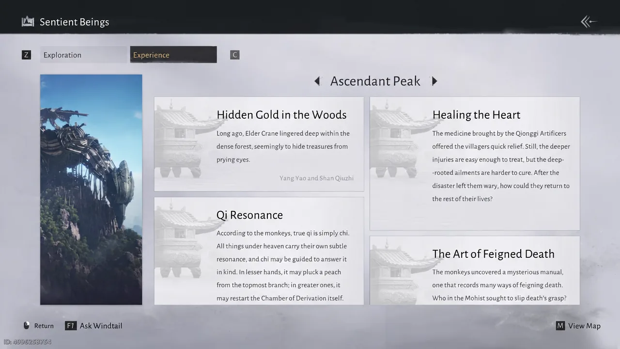 Sentient Beings menu with the Experience tab open on the Ascendant Peak entry list