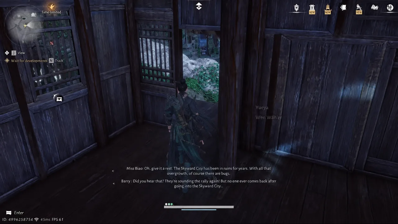 Gameplay prompt reading Wait for developments while an overheard conversation plays inside a wooden building