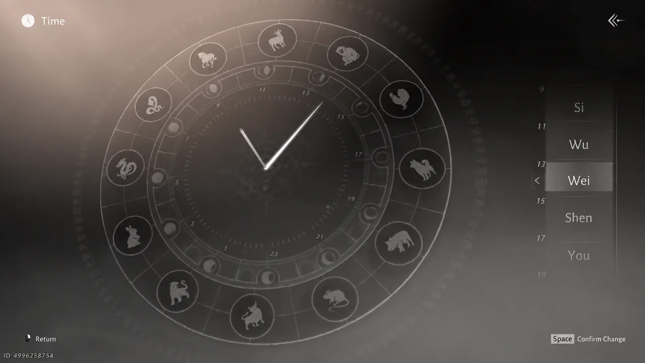 In-game time wheel open with an hour entry highlighted before changing the clock