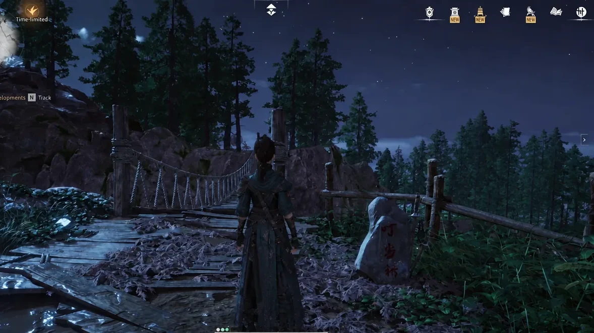 Player character standing at the end of a rope bridge in Hidden Mountain