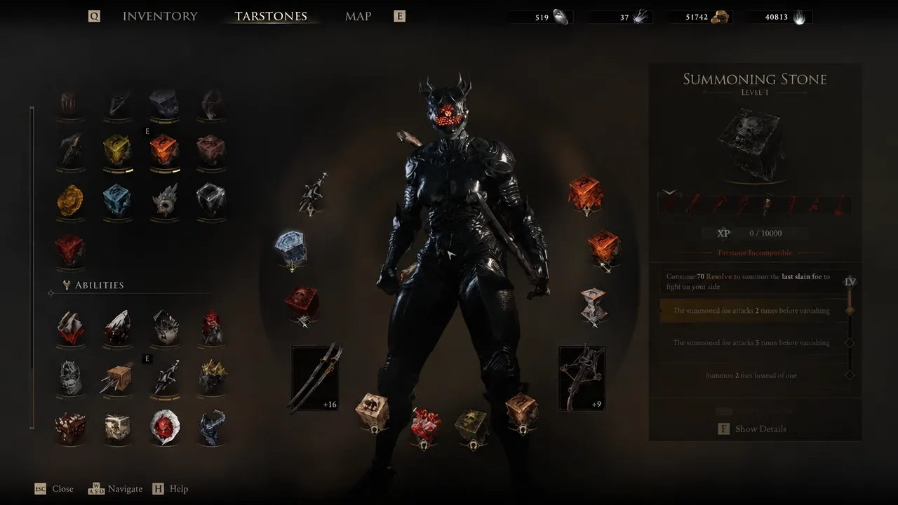 Tarstones menu with the Summoning Stone highlighted, showing its level, XP and summoning effects.