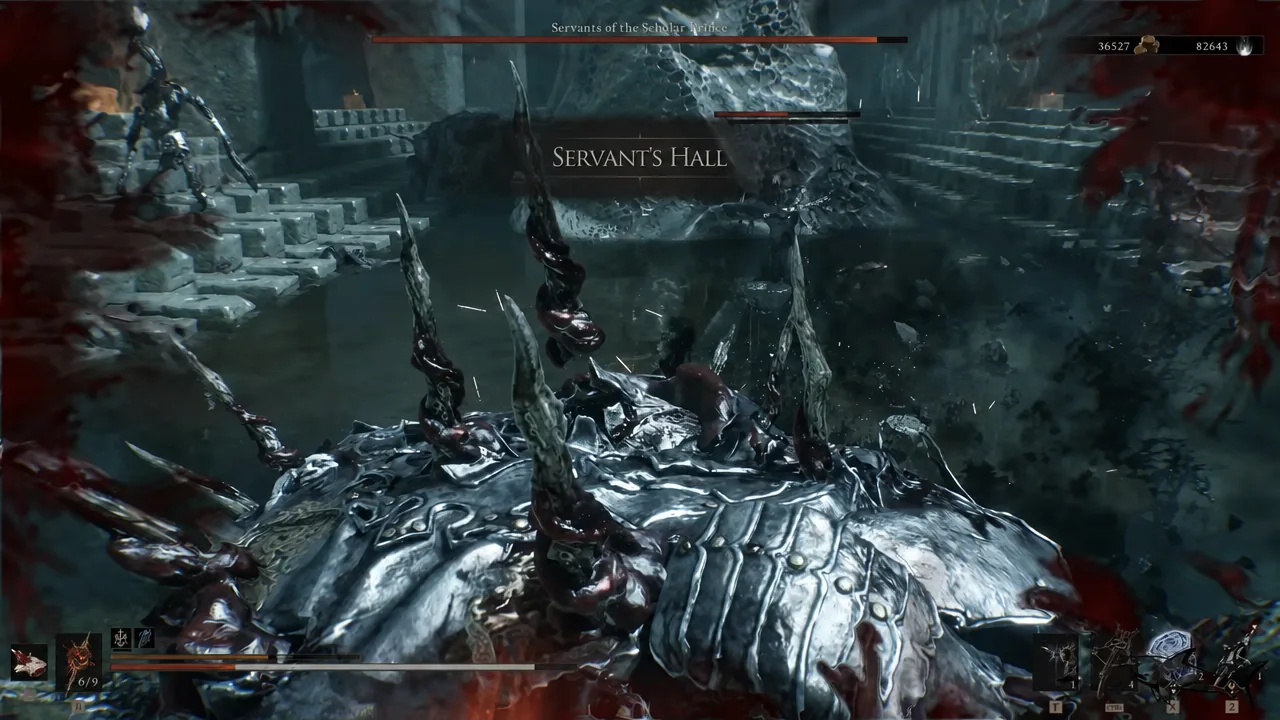 Player trading blows with armored Servants of the Scholar-Prince inside the Servant's Hall.
