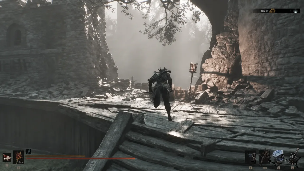The Harbinger sprints across a ruined wooden bridge toward a stone archway on the route to Barren Crest.