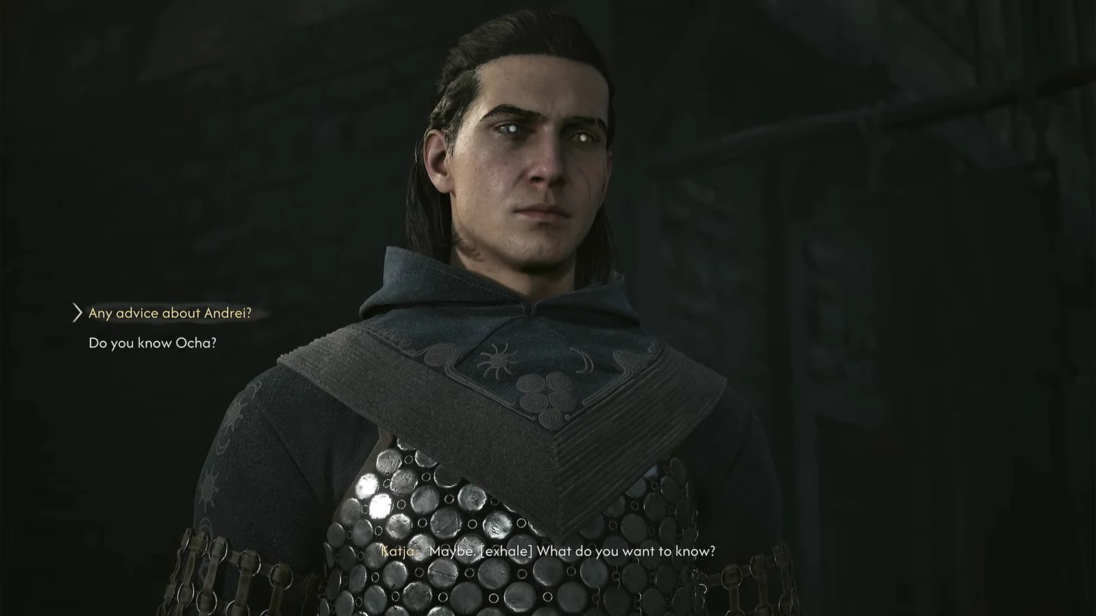 Dialogue wheel with the option Any advice about Andrei? highlighted