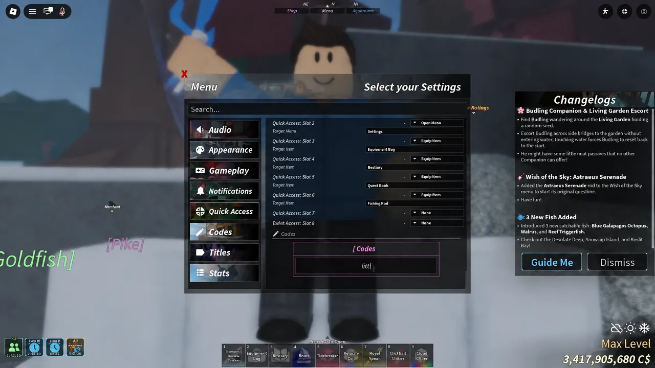 Fisch menu with the Codes tab open and a code typed into the entry field