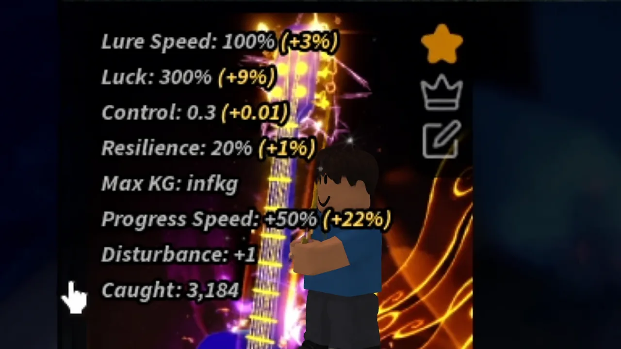 Fisch rod stats panel showing lure speed, luck, control, resilience and progress speed