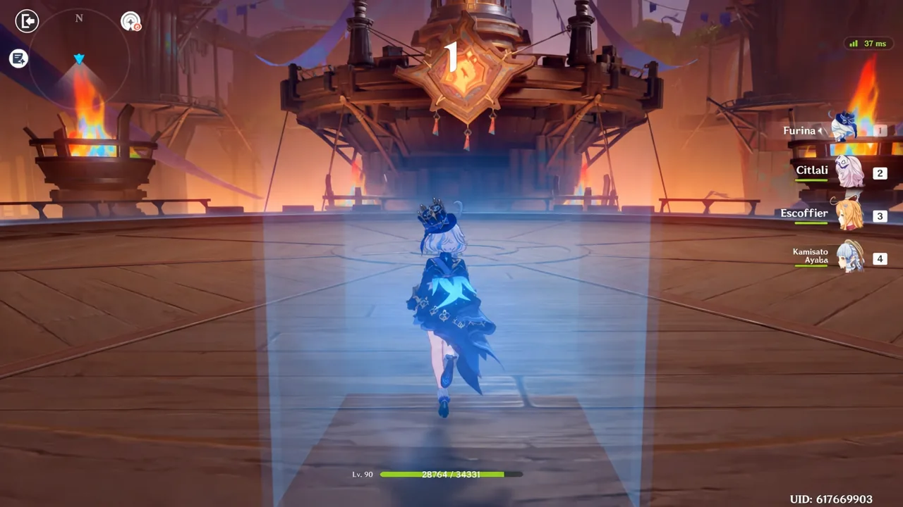 Furina running forward through a blue field in the Chimeric Winged Lion arena