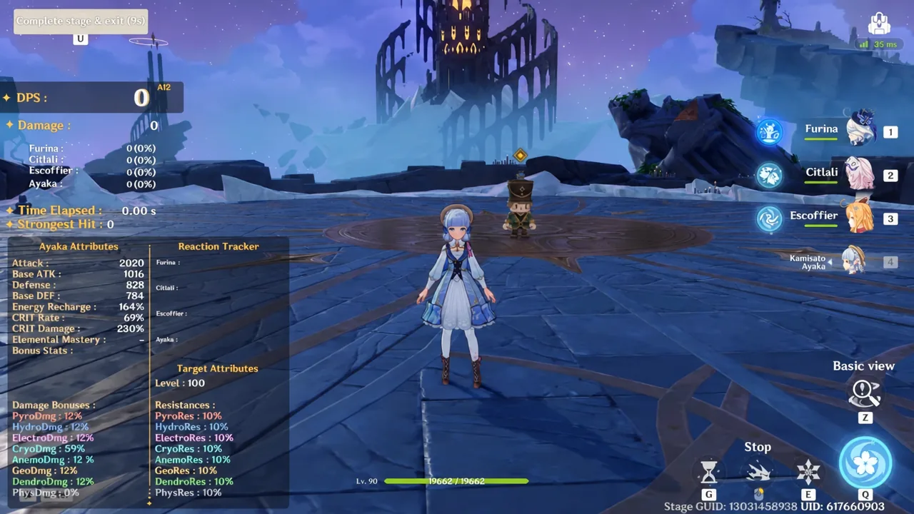 Combat screen showing the stage-completion countdown while Ayaka stands in the arena