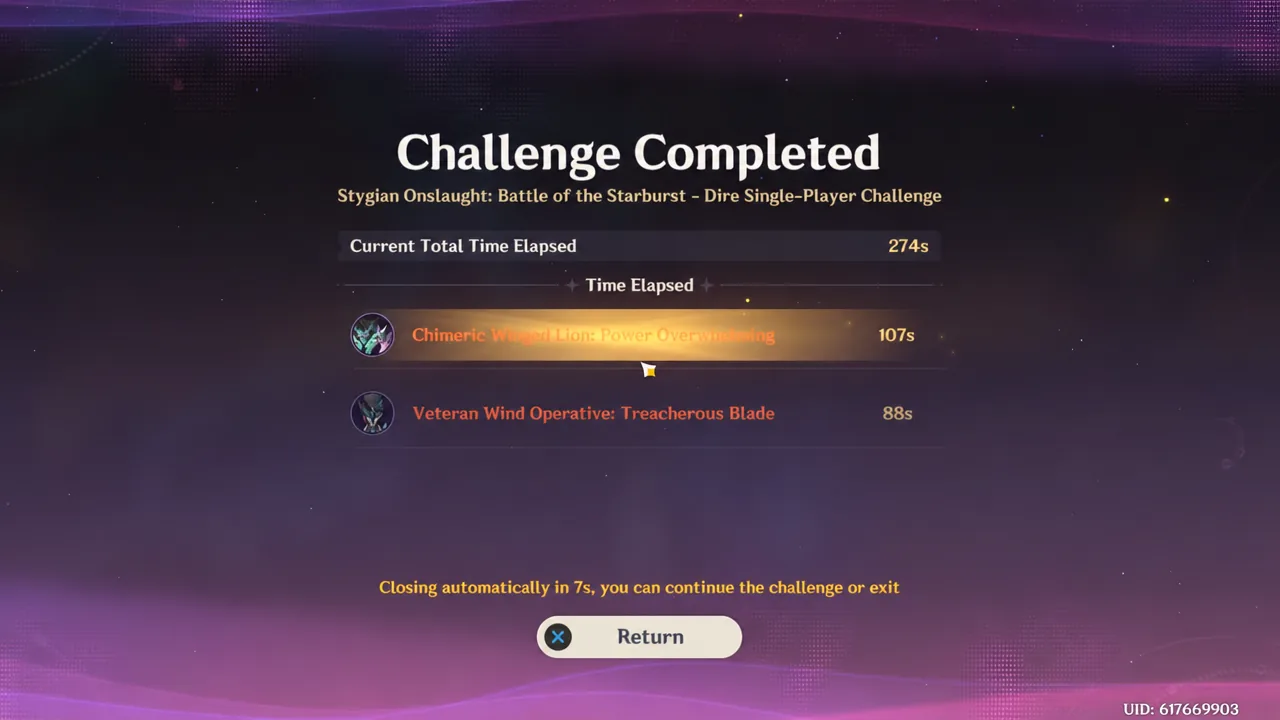 Challenge Completed screen showing the Chimeric Winged Lion clear time and total run time