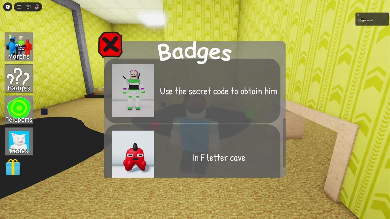 Badges menu open, listing badge entries alongside their short unlock hints