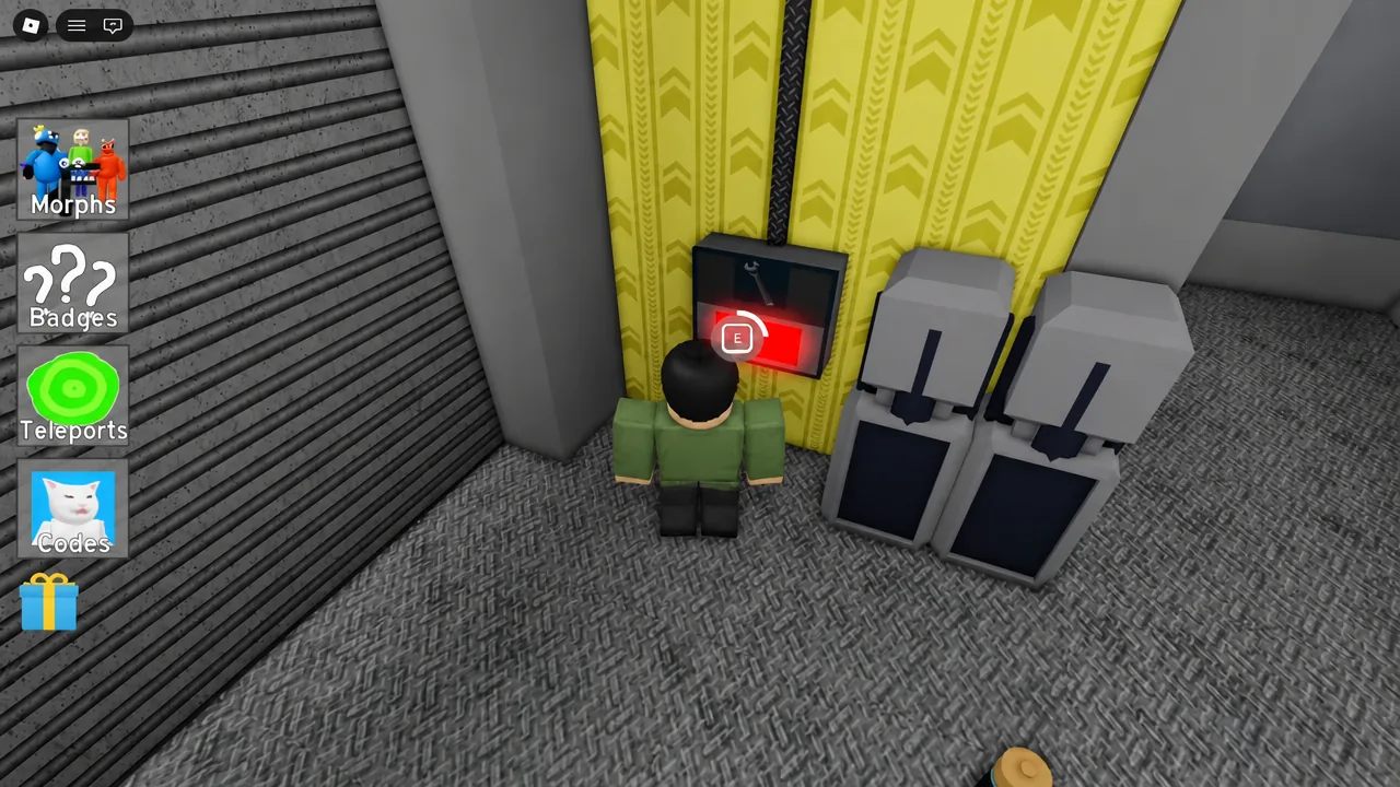 Red wall control panel highlighted with an E interact prompt before the shutter door opens