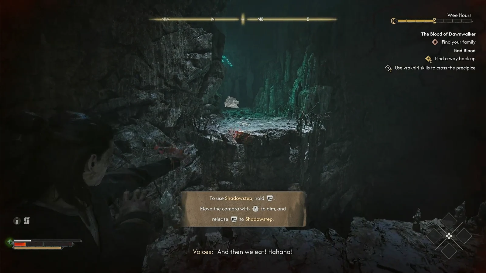 Shadowstep tutorial prompt showing hold R2, aim with the right stick, release to cross