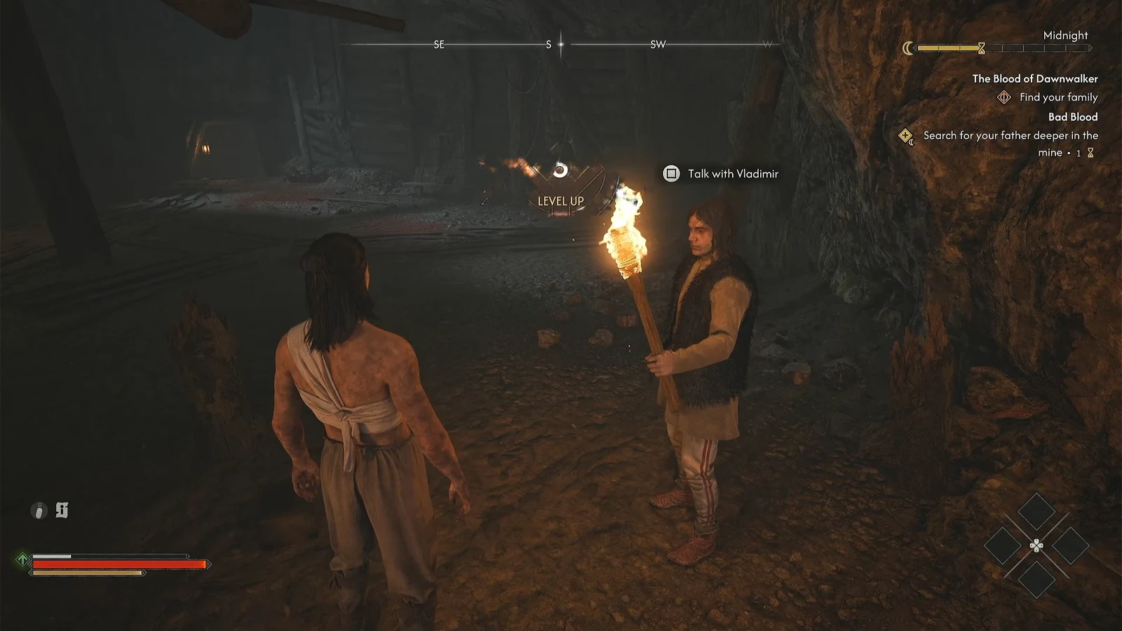 The Talk with Vladimir prompt on screen inside the dark silver mine tunnel