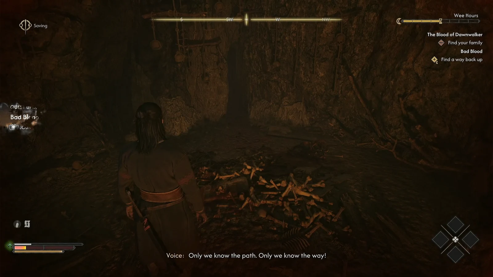 Skeleton-filled cavern with the Find a way back up objective active