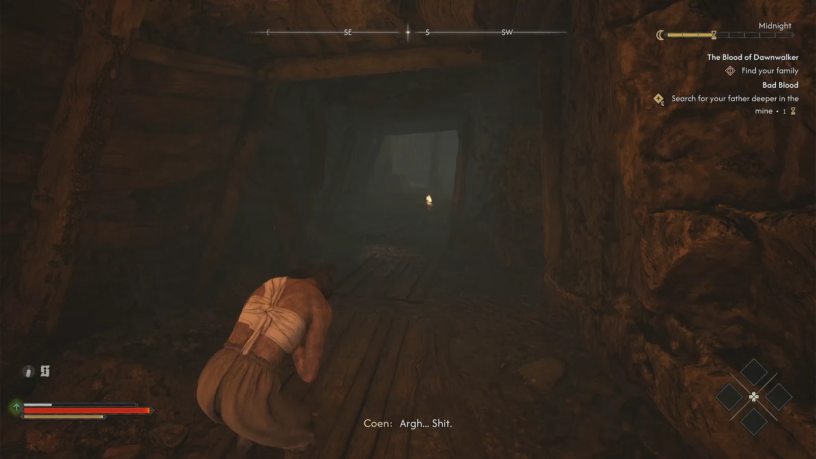 Crouched approach toward a lit torch with the Search for your father objective tracked