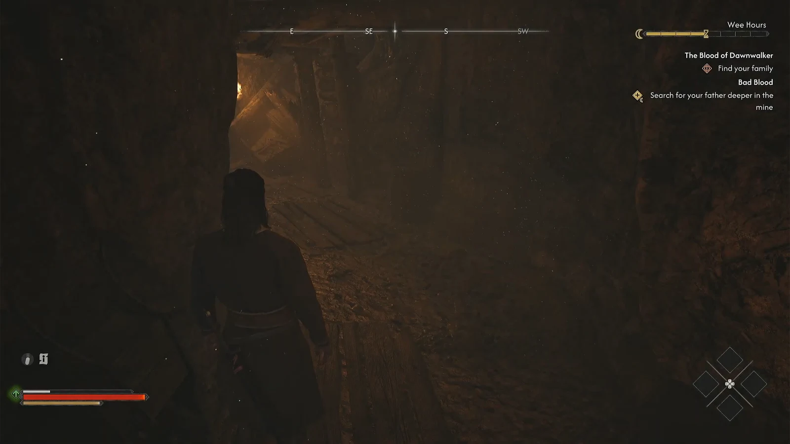 Dark mine passage with the Bad Blood objective tracker visible before reaching Kostel