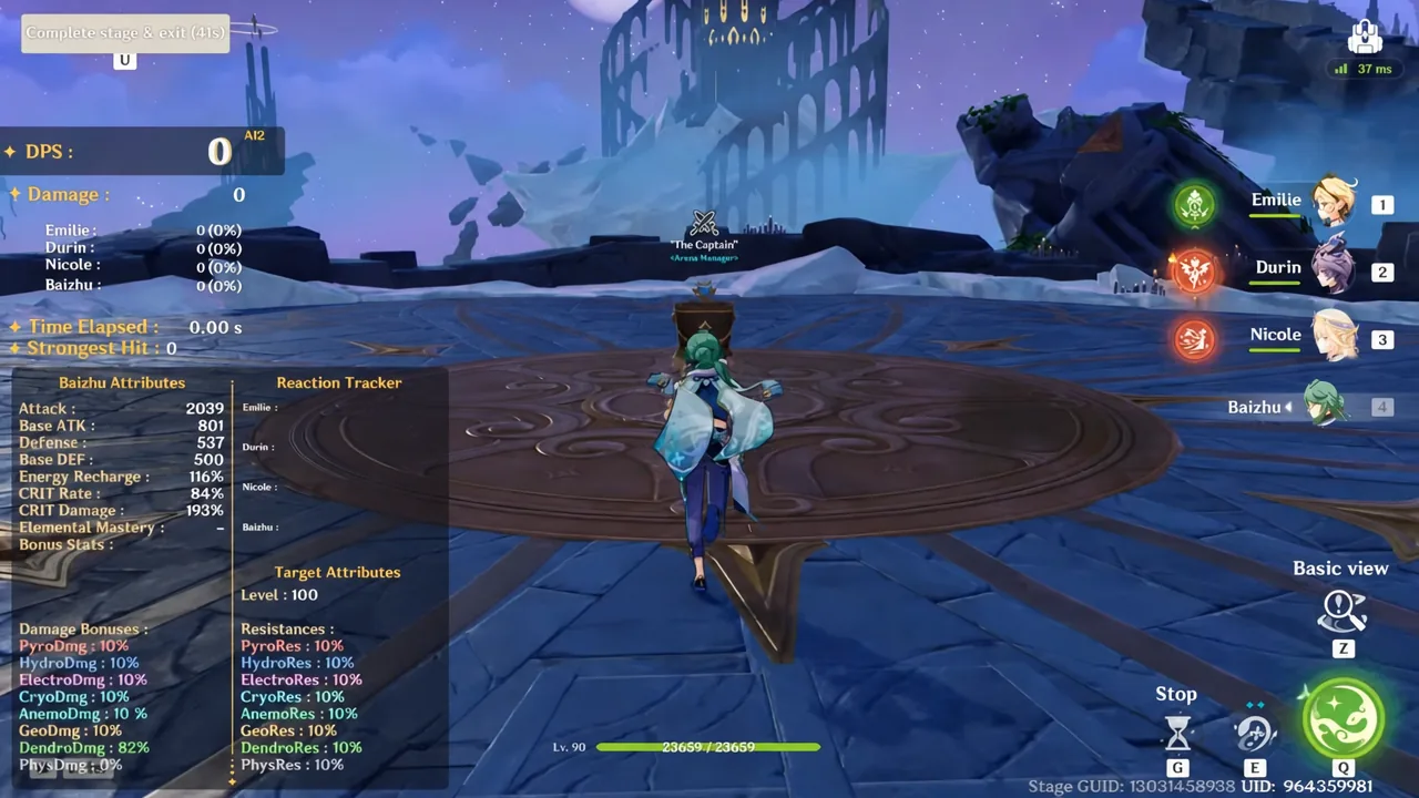 Baizhu walking toward the arena center during a damage test with the stage objective displayed