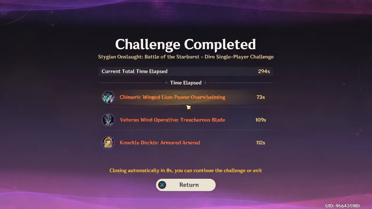 Challenge Completed screen with the Return button after finishing the third Stygian Onslaught boss