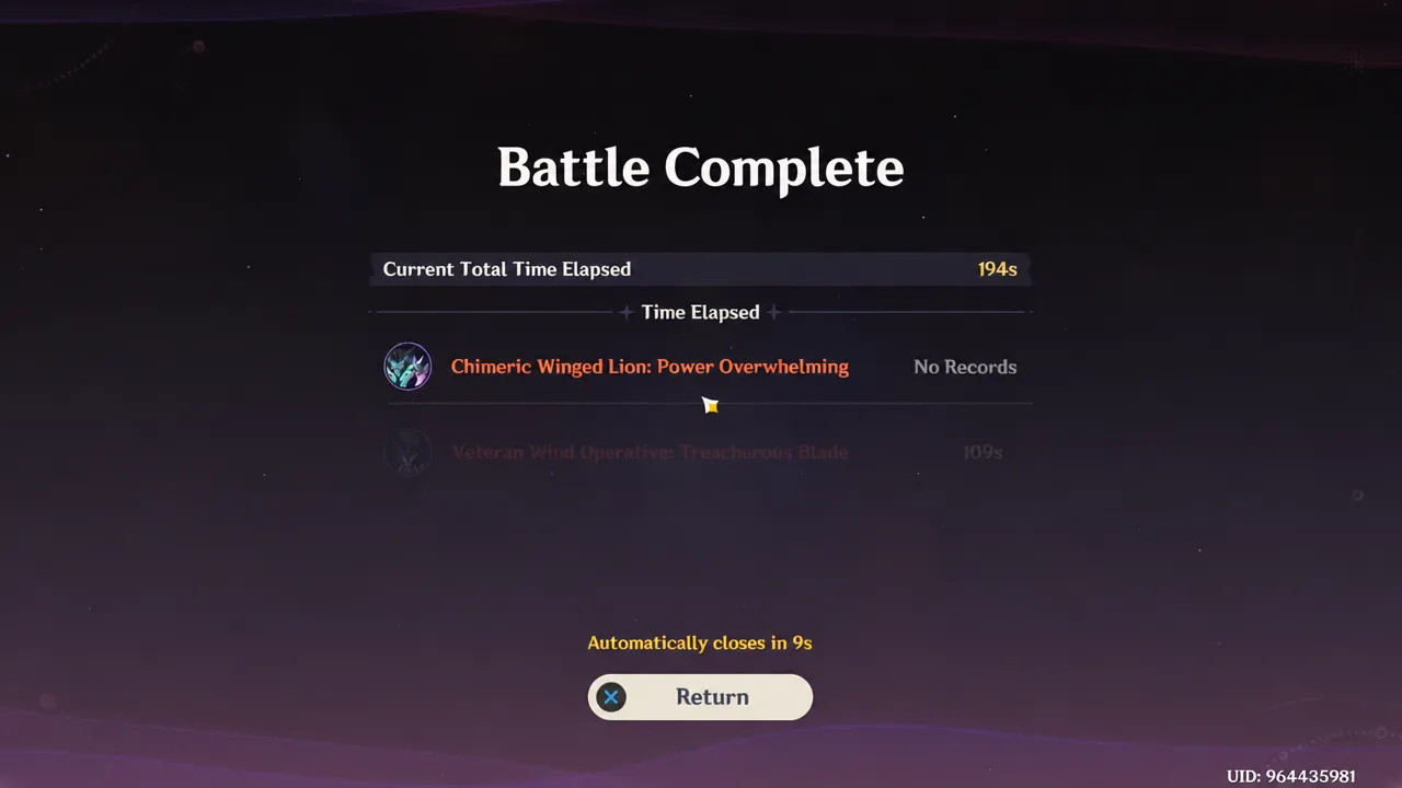 Battle Complete screen for Chimeric Winged Lion: Power Overwhelming with elapsed time and Return button