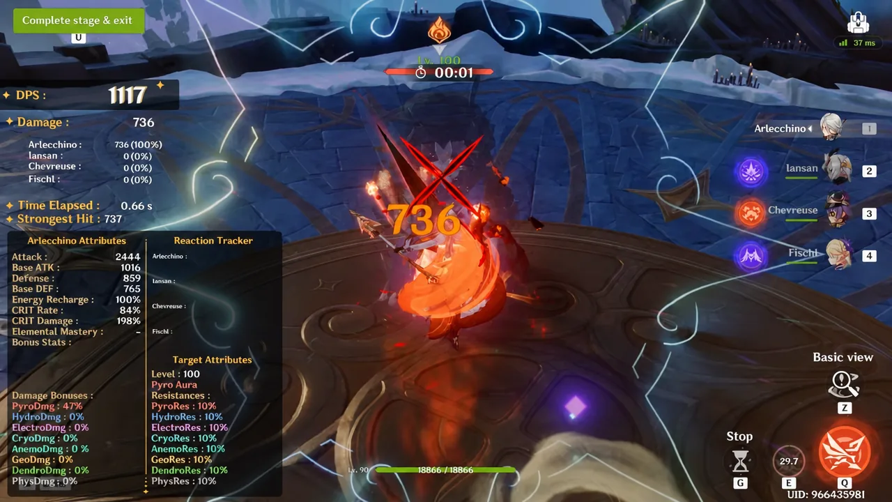 Combat screen with the Complete stage and exit objective while the active team attacks and damage numbers appear