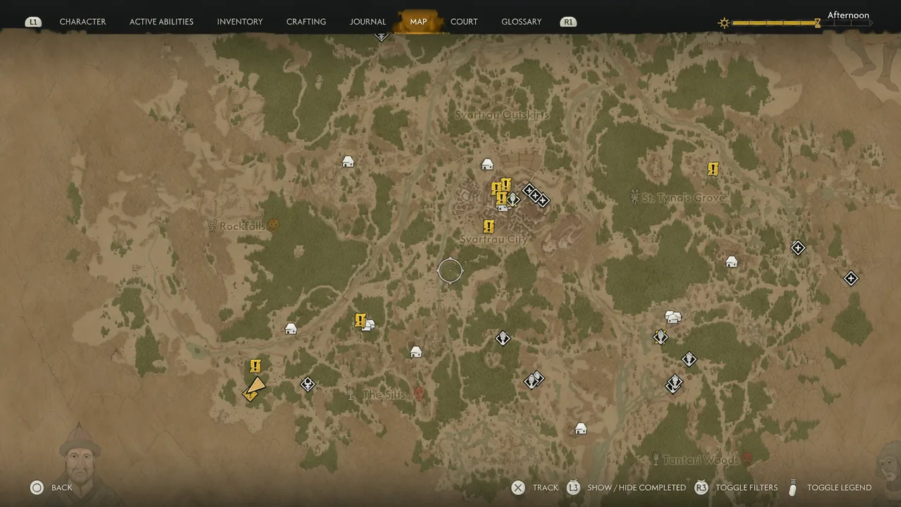 World map open on the MAP tab showing marked locations across the region