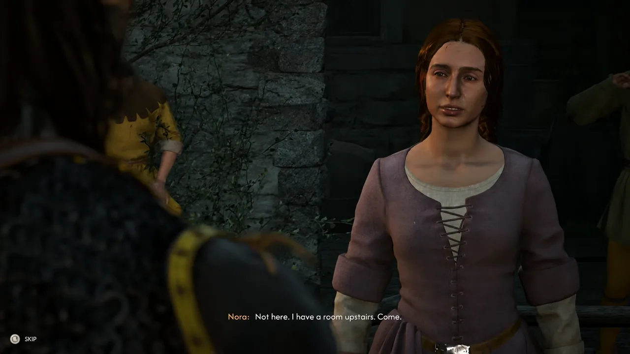 Dialogue with Nora showing the subtitle Not here. I have a room upstairs. Come.