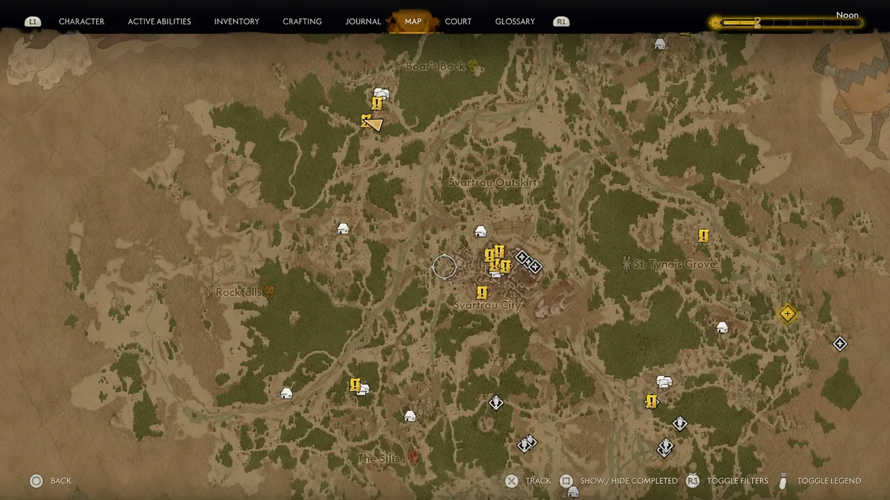Map screen open on the MAP tab showing regional quest and activity markers