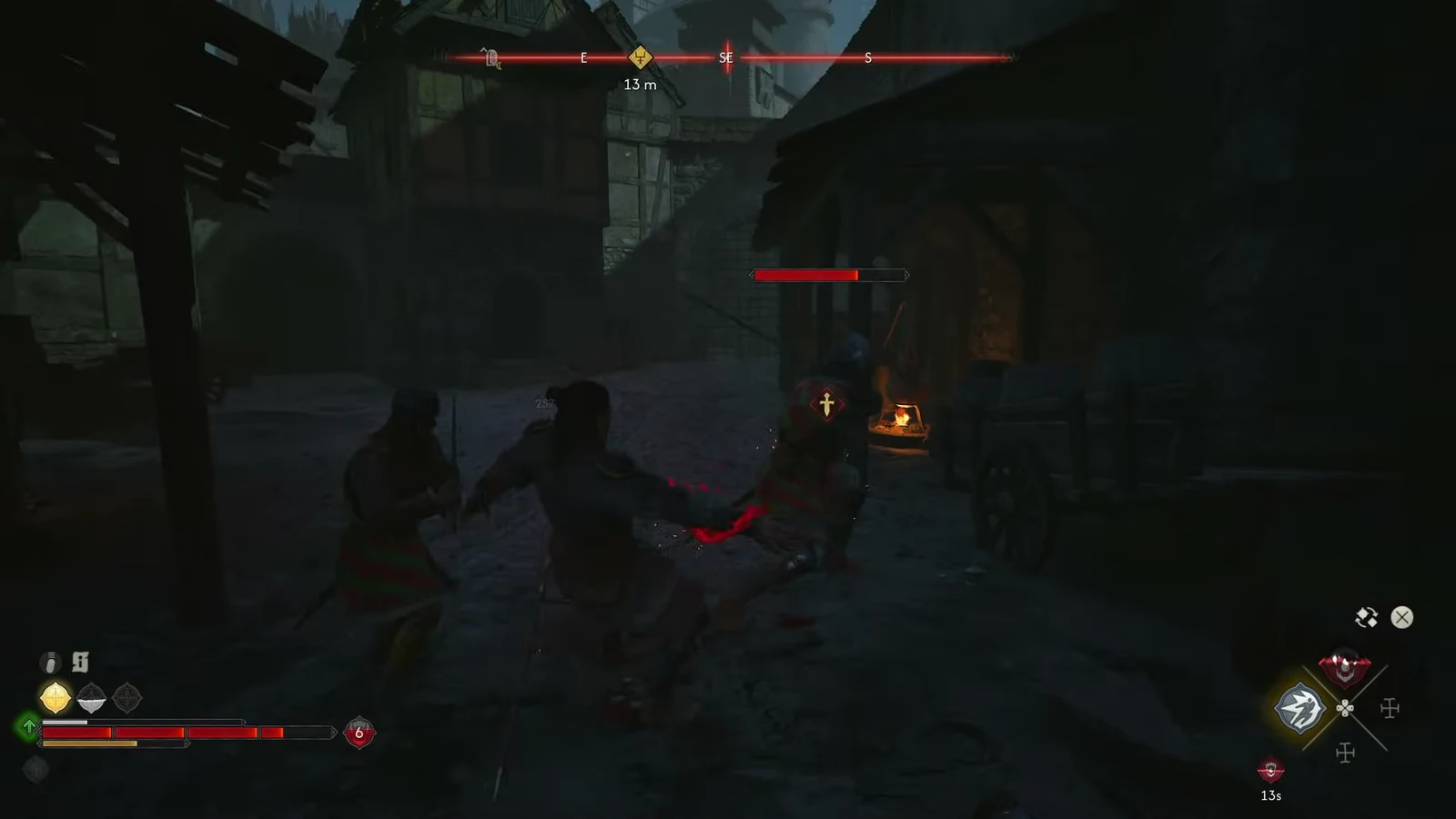 Third-person combat against a targeted guard with a partially drained red health bar