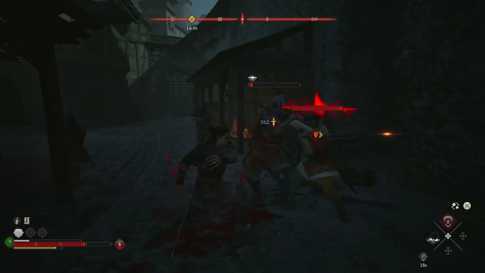 Coen striking an armored distillery guard whose health bar is almost empty