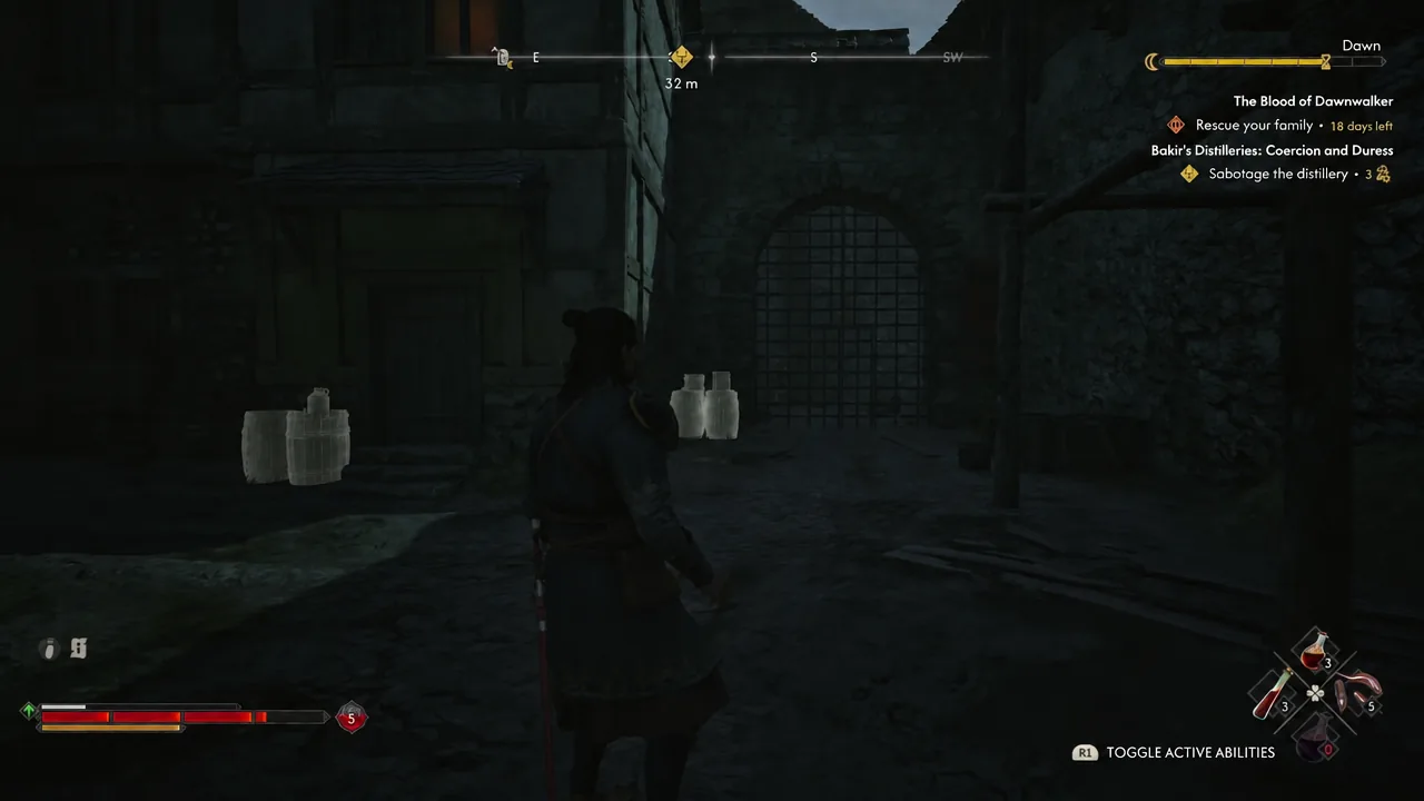 Coen moving down a dark alley toward the marked distillery entrance, glowing jars on the shelves