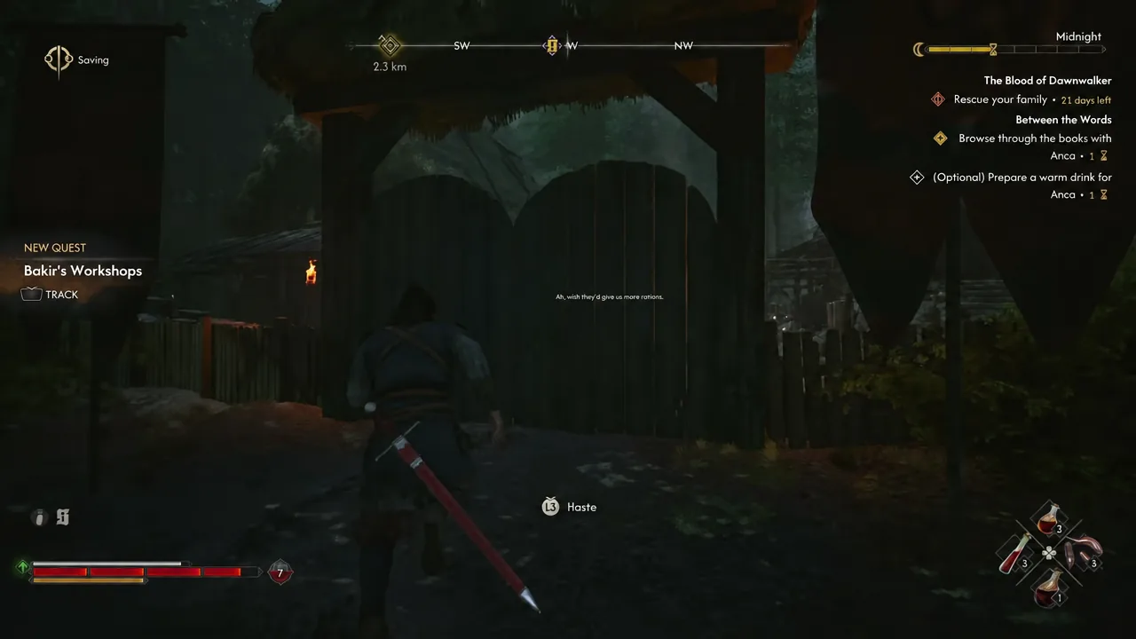 Bakir's Workshops quest appears on screen with a TRACK prompt as Coen walks up to the gate