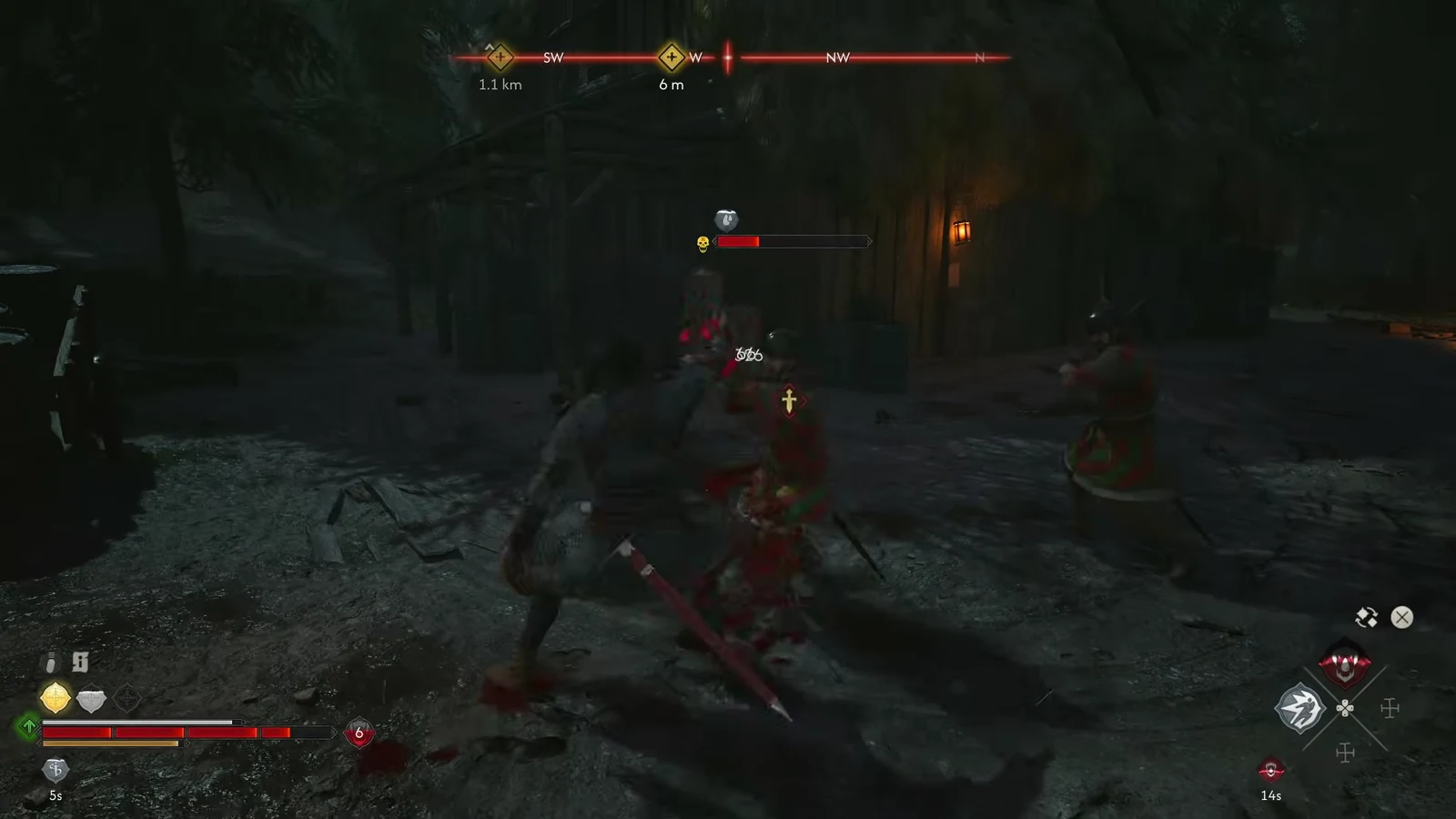 Coen lands a hit on a targeted guard whose red health bar is almost empty