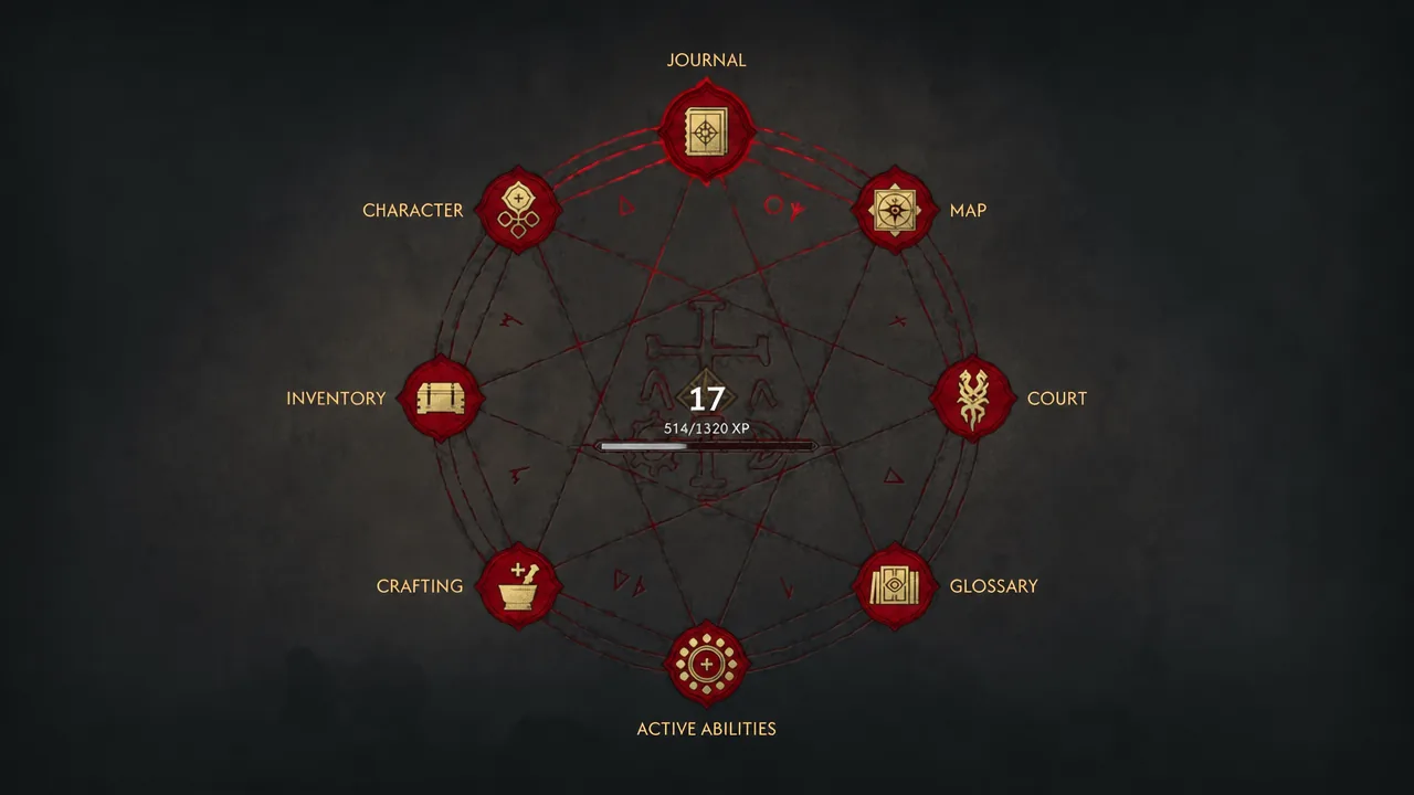 The Journal menu open with tabs for Character, Inventory, Crafting, Active Abilities, Glossary, Court and Map