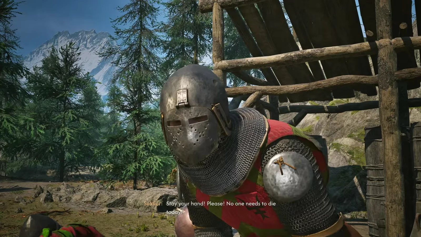 Cutscene of a kneeling soldier begging Coen for mercy and offering to split the vodka profits