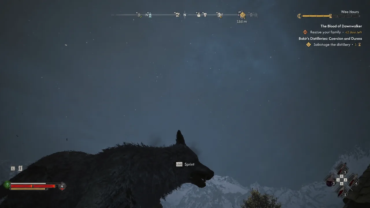 Sprinting through the city with the LShift sprint prompt on screen and the quest objective tracked