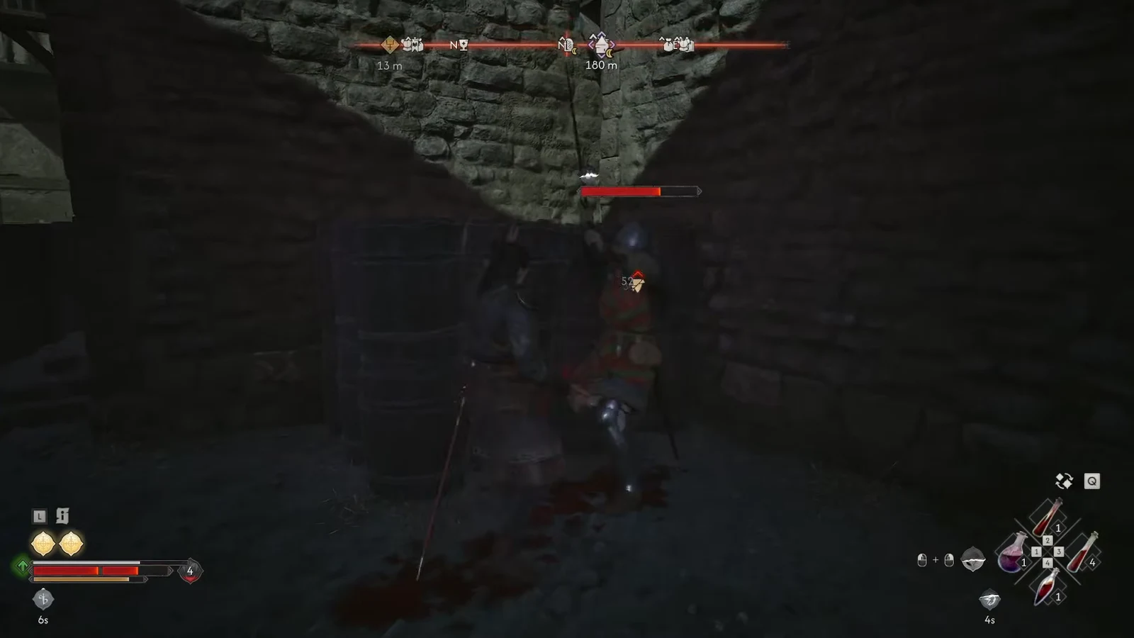 Striking an armored guard in a narrow stone corridor with his health bar partly drained