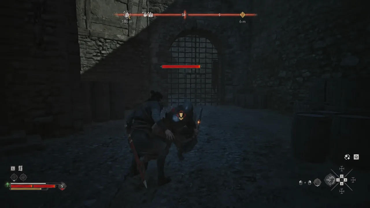 Player grabbing a distillery guard marked with a yellow target indicator under his red health bar
