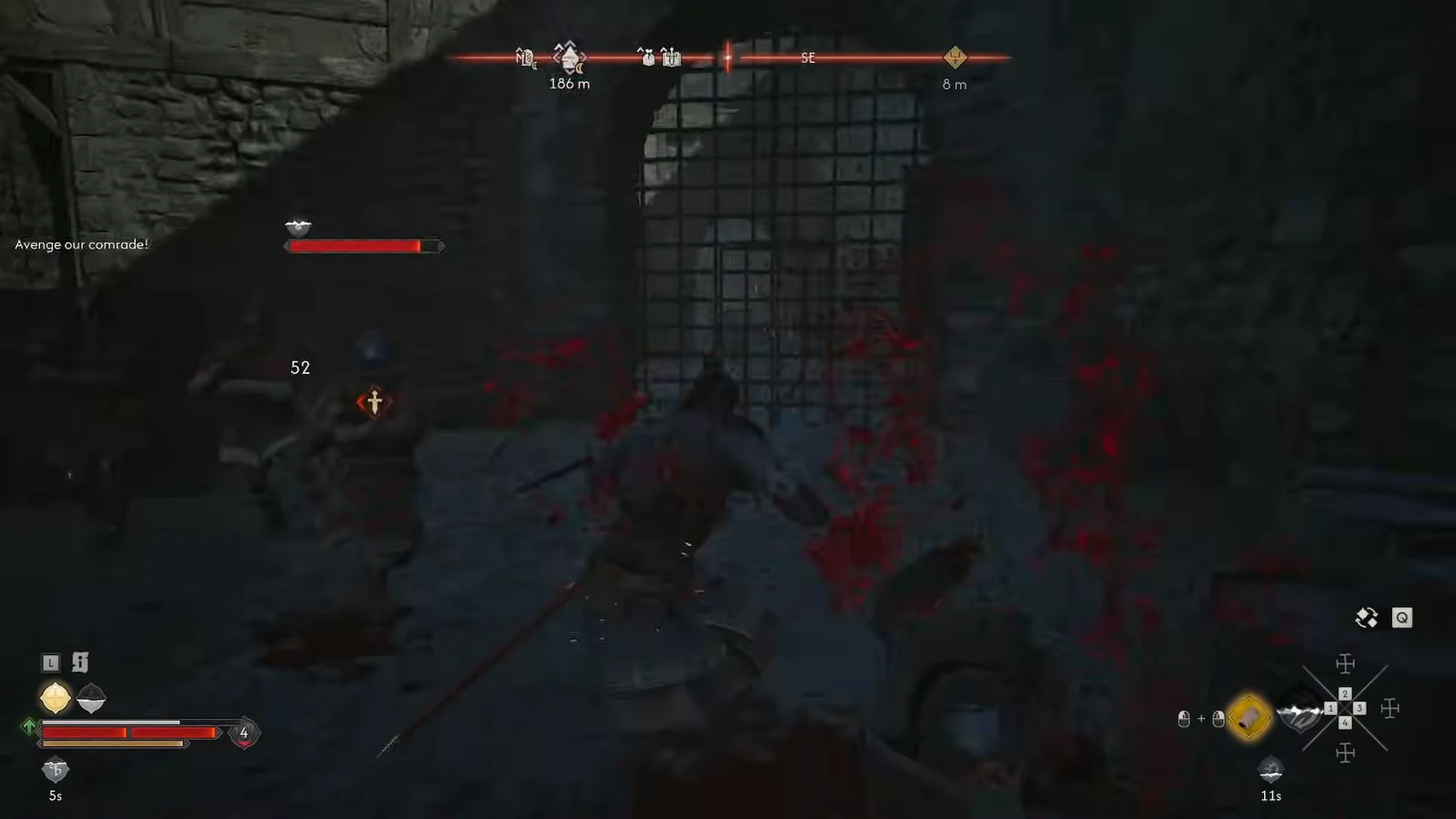 Combat beside a barred gate inside the distillery as an enemy shouts to avenge a fallen comrade