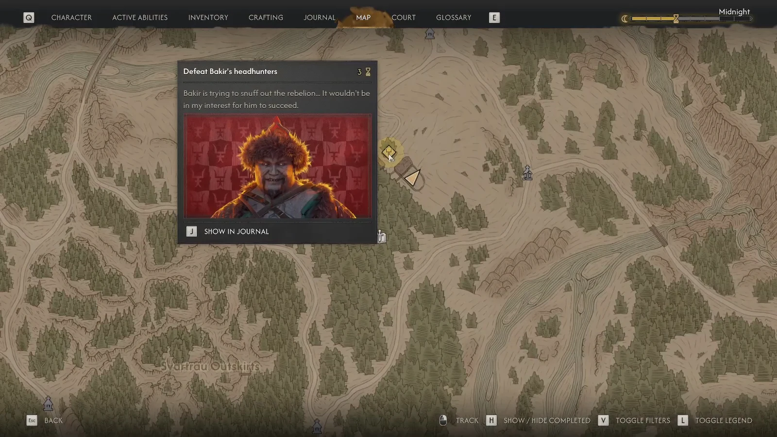 Map screen with the Defeat Bakir's headhunters objective marker highlighted near Svartrau Northern Crossroads