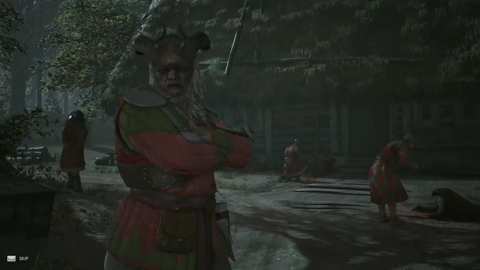 Cutscene of a horned figure in the village with the SKIP prompt in the lower left corner