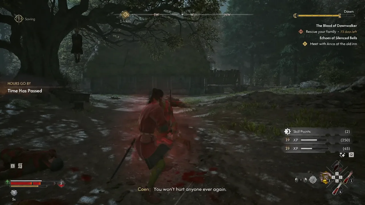 The Time Has Passed notification appearing over gameplay as Coen finishes the encounter