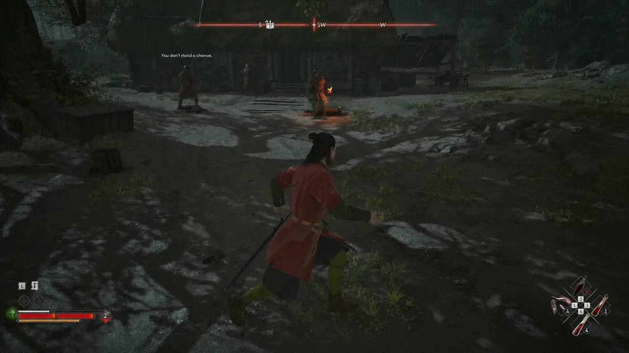Coen closing on an orange-outlined Rebel Hunter during the fight outside the house