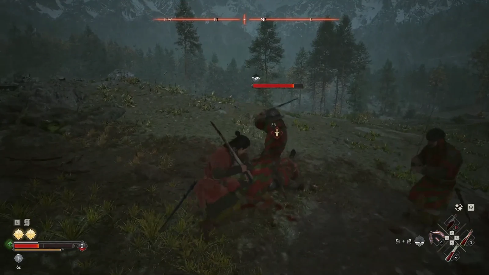 Coen landing a hit on a red-clad hunter whose health bar is partly drained